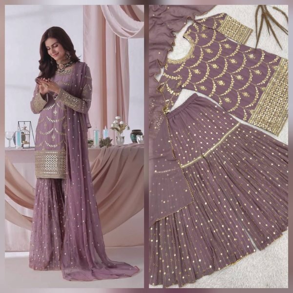 Trendsetting Lavender 3 Piece  Embroidery Sequence Work Sharara Suit  for  Party Wear for Bulk Buyers  Ready To Wear Collection