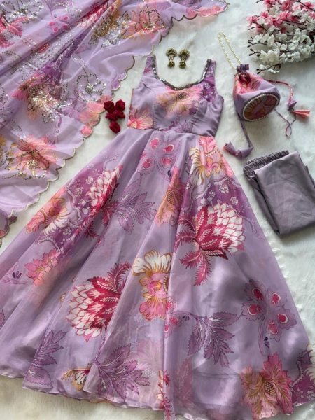 Trendsetting Lavender Floral Print Organza Silk Gown with Batwa Bag at Manufacturer Rate Kurtis