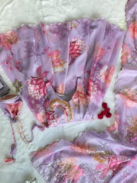 Trendsetting Lavender Floral Print Organza Silk Gown with Batwa Bag at Manufacturer Rate Anarkali Kurtis 