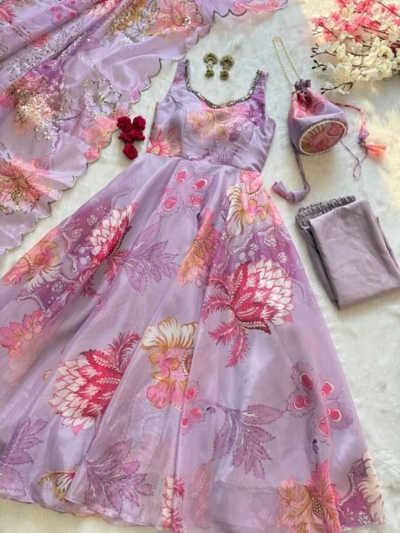 Trendsetting Lavender Floral Print Organza Silk Gown with Batwa Bag at Manufacturer Rate Anarkali Kurtis 