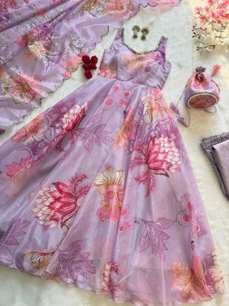 Trendsetting Lavender Floral Print Organza Silk Gown with Batwa Bag at Manufacturer Rate Anarkali Kurtis 