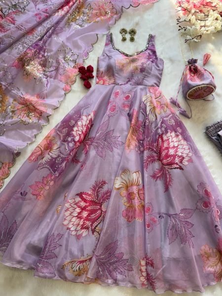 Trendsetting Lavender Floral Print Organza Silk Gown with Batwa Bag at Manufacturer Rate Anarkali Kurtis 