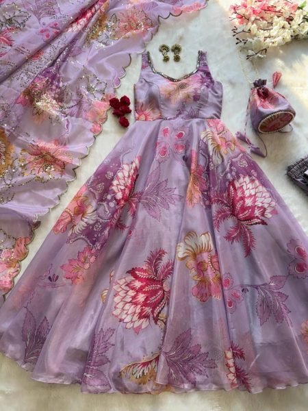 Trendsetting Lavender Floral Print Organza Silk Gown with Batwa Bag at Manufacturer Rate Anarkali Kurtis 