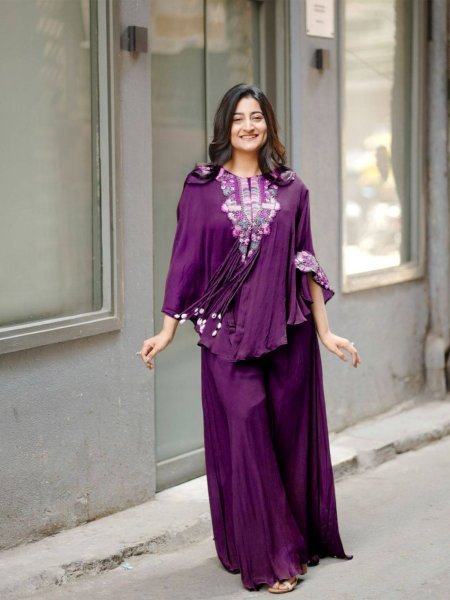 Trendsetting Purple Sequence Embroidered Air Tex Chinon Top and Plazzo Set Ready To Wear Suit