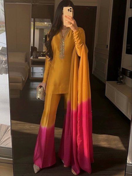 Soft Shade Finish Roman Glass Coding Dori Work Top with Fancy Sleeves Plazzo Set and Lace Border Dupatta Ready To Wear Suit