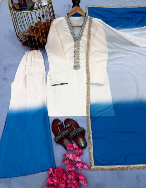 Trendwear Roman Glass Embroidery Dori Work with Fancy Sleeves Plazzo Set and Lace Border Dupatta Ready To Wear Collection