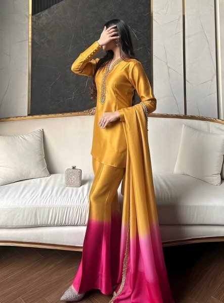 Soft Shade Finish Roman Glass Coding Dori Work Top with Fancy Sleeves Plazzo Set and Lace Border Dupatta Ready To Wear Collection