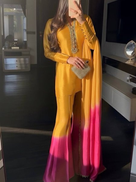 Soft Shade Finish Roman Glass Coding Dori Work Top with Fancy Sleeves Plazzo Set and Lace Border Dupatta Ready To Wear Collection