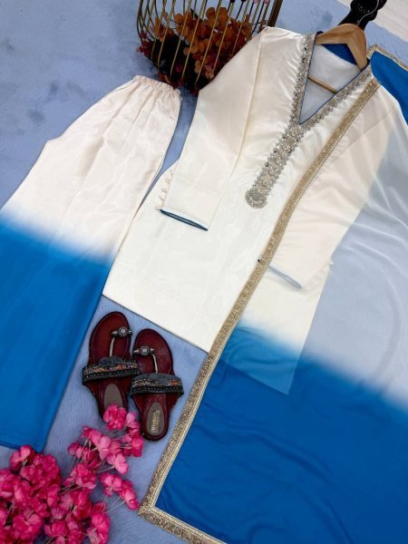 Trendwear Roman Glass Embroidery Dori Work with Fancy Sleeves Plazzo Set and Lace Border Dupatta Ready To Wear Collection