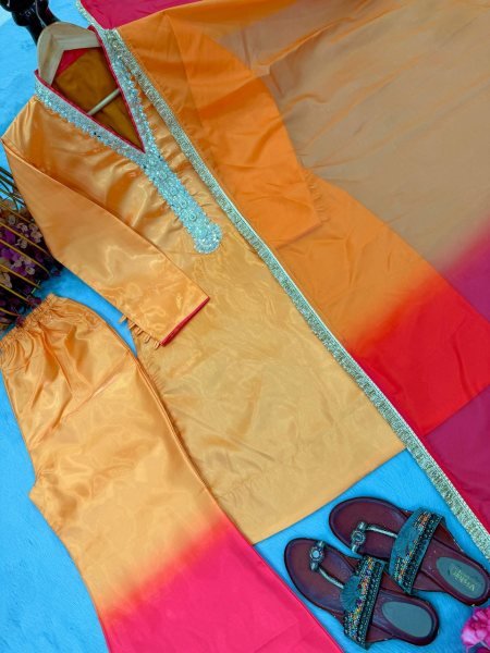 Soft Shade Finish Roman Glass Coding Dori Work Top with Fancy Sleeves Plazzo Set and Lace Border Dupatta Ready To Wear Collection