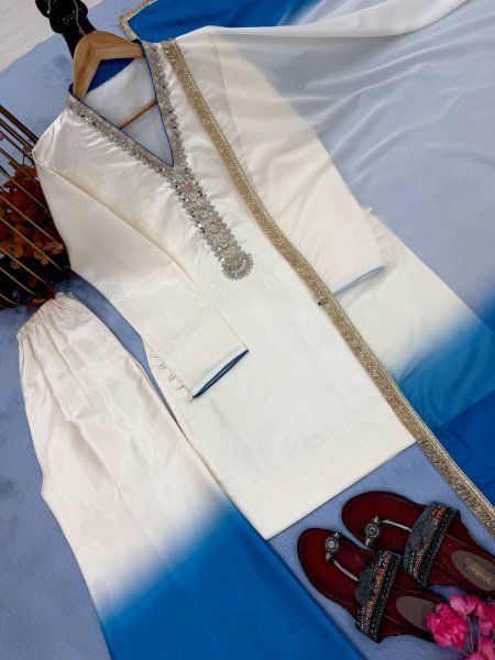 Trendwear Roman Glass Embroidery Dori Work with Fancy Sleeves Plazzo Set and Lace Border Dupatta Ready To Wear Collection