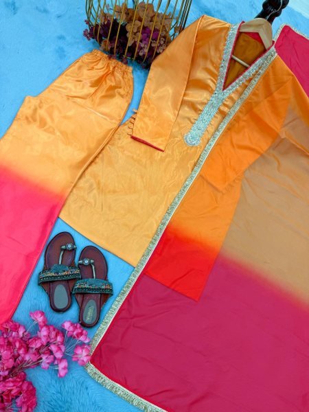 Soft Shade Finish Roman Glass Coding Dori Work Top with Fancy Sleeves Plazzo Set and Lace Border Dupatta Ready To Wear Collection