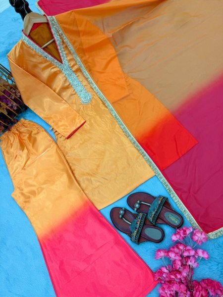 Soft Shade Finish Roman Glass Coding Dori Work Top with Fancy Sleeves Plazzo Set and Lace Border Dupatta Ready To Wear Collection