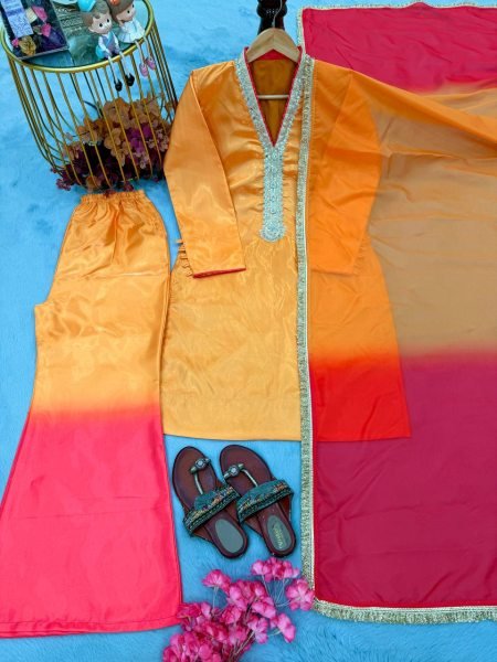 Soft Shade Finish Roman Glass Coding Dori Work Top with Fancy Sleeves Plazzo Set and Lace Border Dupatta Ready To Wear Collection