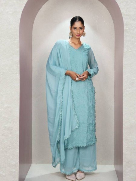Trendy Aqua Blue Chikankari Georgette Kurti Set Ready to Wear for Bulk Buyers 
