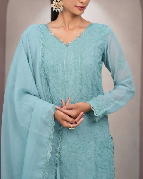 Trendy Aqua Blue Chikankari Georgette Kurti Set Ready to Wear for Bulk Buyers Lucknowi Chikankari Kurtis Wholesale