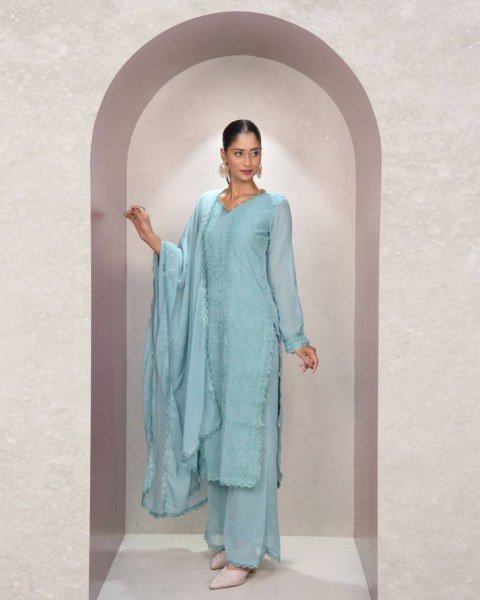 Trendy Aqua Blue Chikankari Georgette Kurti Set Ready to Wear for Bulk Buyers Lucknowi Chikankari Kurtis Wholesale