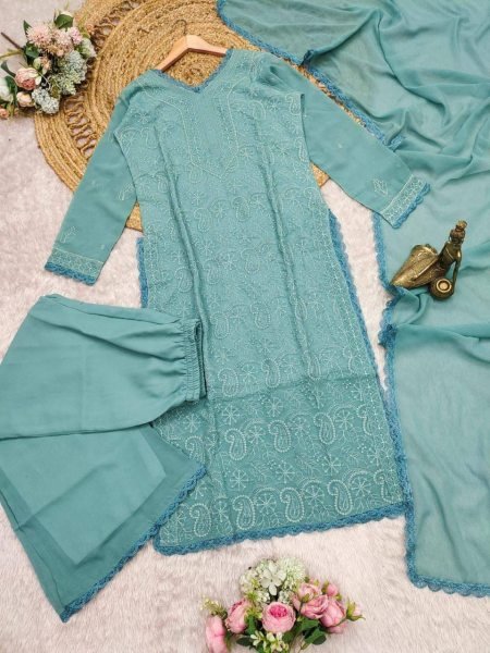 Trendy Aqua Blue Chikankari Georgette Kurti Set Ready to Wear for Bulk Buyers Lucknowi Chikankari Kurtis Wholesale