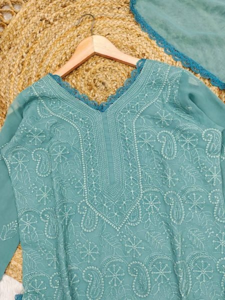 Trendy Aqua Blue Chikankari Georgette Kurti Set Ready to Wear for Bulk Buyers Lucknowi Chikankari Kurtis Wholesale