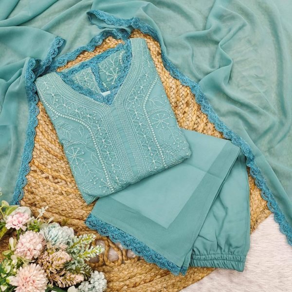 Trendy Aqua Blue Chikankari Georgette Kurti Set Ready to Wear for Bulk Buyers Lucknowi Chikankari Kurtis Wholesale