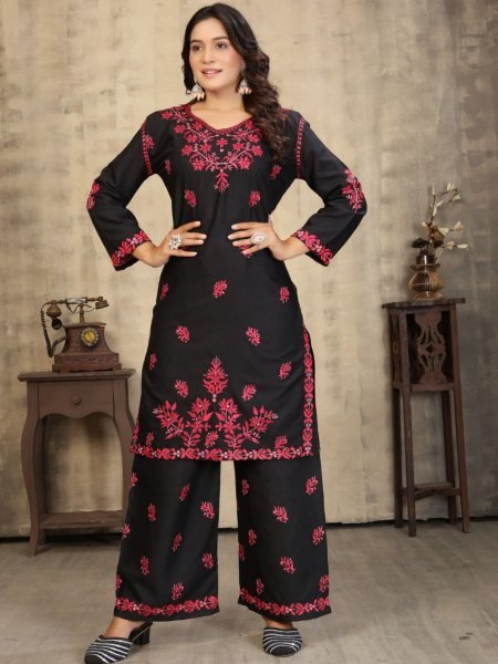 Trendy Black Chikankari Embroidered Kurti Plazo Set Pure Rayon Wholesale Price Kurtis