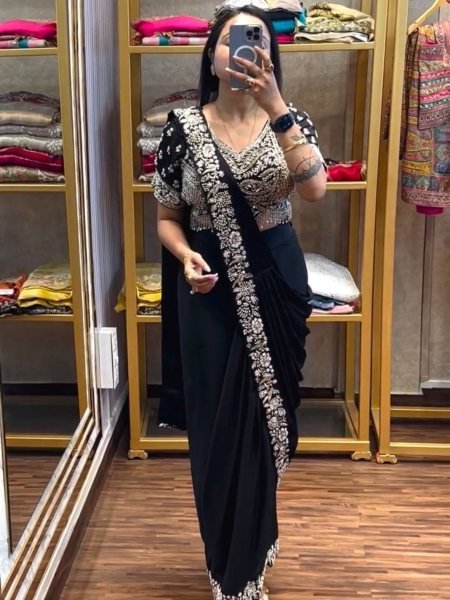 Trendy Black Chinon Ready to Wear Saree with Embroidery for Festive Look Ready To Wear Saree 