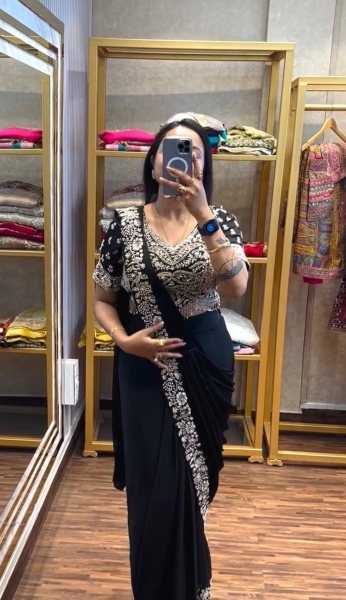 Trendy Black Chinon Ready to Wear Saree with Embroidery for Festive Look Ready To Wear Saree 