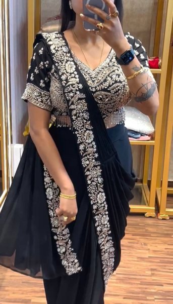 Trendy Black Chinon Ready to Wear Saree with Embroidery for Festive Look Ready To Wear Saree 