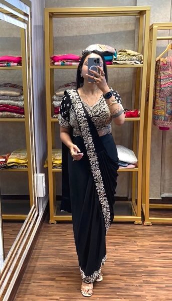Trendy Black Chinon Ready to Wear Saree with Embroidery for Festive Look Ready To Wear Saree 
