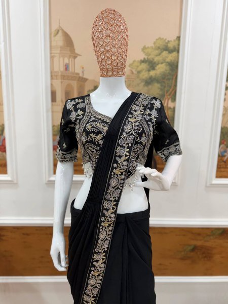 Trendy Black Chinon Ready to Wear Saree with Embroidery for Festive Look Ready To Wear Saree 