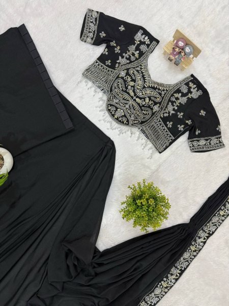 Trendy Black Chinon Ready to Wear Saree with Embroidery for Festive Look Ready To Wear Saree 