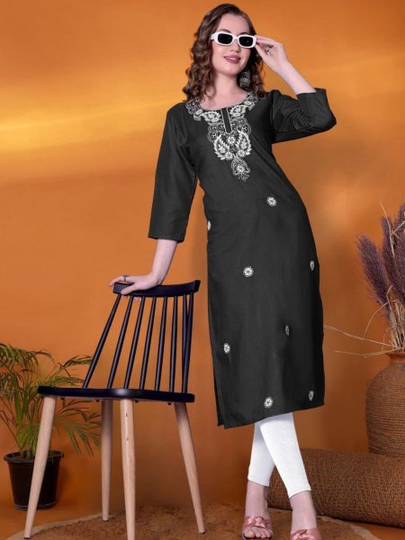 Trendy Black Fully Stitch   Rayon Slub Embroidered Kurti for casual wear