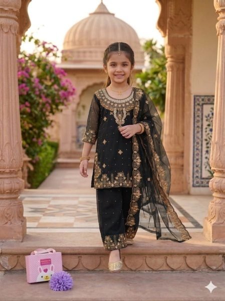 Trendy Black Girls Sharara Set with Embroidered Dupatta For Wedding Girls Wear