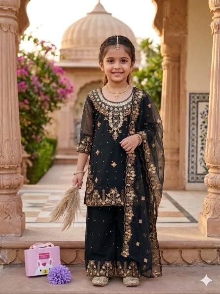 Trendy Black Girls Sharara Set with Embroidered Dupatta For Wedding Girls Wear