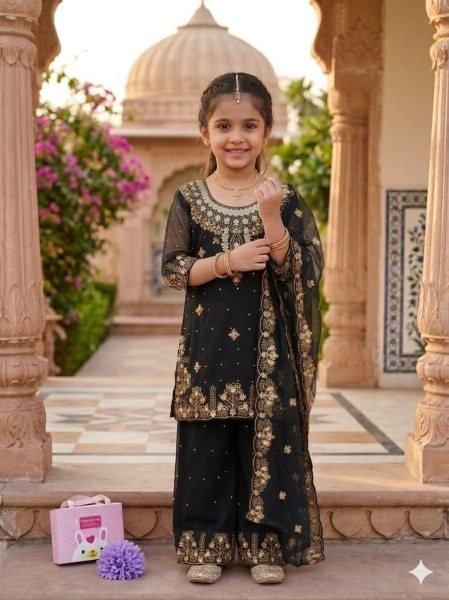 Trendy Black Girls Sharara Set with Embroidered Dupatta For Wedding Girls Wear