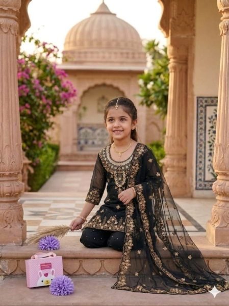 Trendy Black Girls Sharara Set with Embroidered Dupatta For Wedding Girls Wear