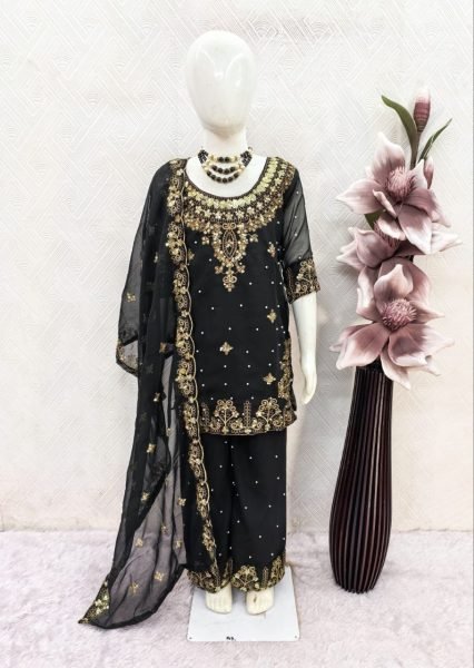 Trendy Black Girls Sharara Set with Embroidered Dupatta For Wedding Girls Wear