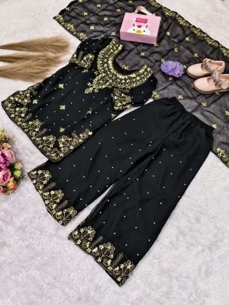 Trendy Black Girls Sharara Set with Embroidered Dupatta For Wedding Girls Wear