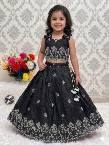 Trendy Black Kids Lehenga Set with Embroidery Work for Special Events Kurtis