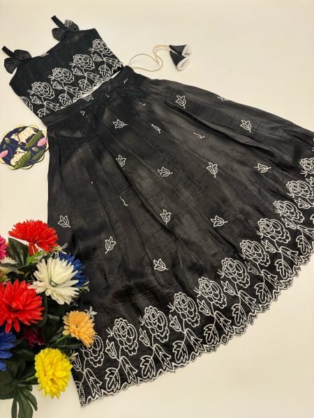 Trendy Black Kids Lehenga Set with Embroidery Work for Special Events Girls Wear