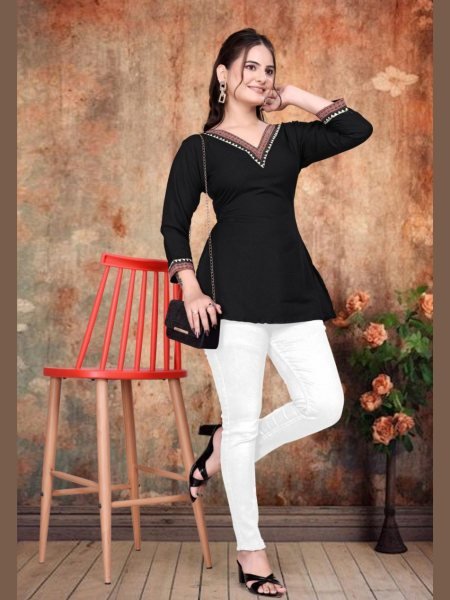 Trendy Black Kurti Style Top with Printed Neck Perfect for Office Wear   Daily Fashion Kurtis