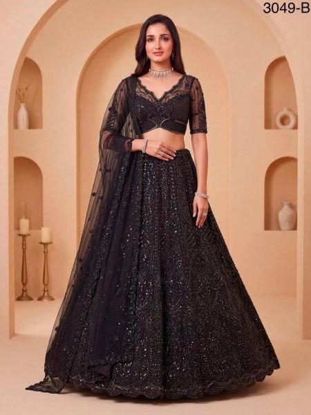 Trendy Black Net Partywear Lehenga Choli with German Zari Embroidery and Butti Dupatta For Garba Function 