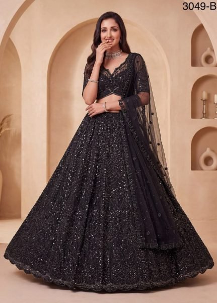 Trendy Black Net Partywear Lehenga Choli with German Zari Embroidery and Butti Dupatta For Garba Function Bridal Lehenga Choli