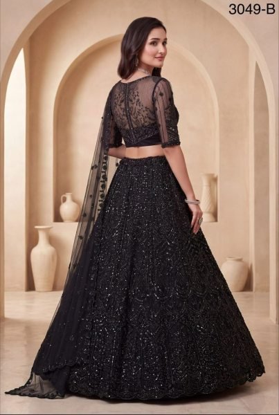 Trendy Black Net Partywear Lehenga Choli with German Zari Embroidery and Butti Dupatta For Garba Function Bridal Lehenga Choli