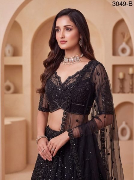 Trendy Black Net Partywear Lehenga Choli with German Zari Embroidery and Butti Dupatta For Garba Function Bridal Lehenga Choli