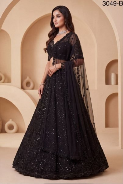 Trendy Black Net Partywear Lehenga Choli with German Zari Embroidery and Butti Dupatta For Garba Function Bridal Lehenga Choli