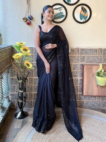 Trendy Black Soft Georgette Saree with Sequence Embroidery and Cutwork Border Georgette Sarees Wholesale