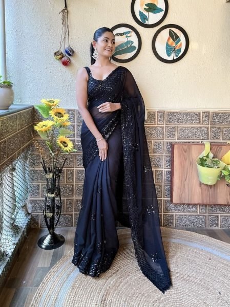 Trendy Black Soft Georgette Saree with Sequence Embroidery and Cutwork Border Georgette Sarees Wholesale