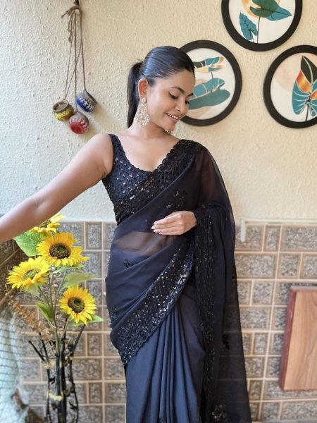 Trendy Black Soft Georgette Saree with Sequence Embroidery and Cutwork Border Georgette Sarees Wholesale