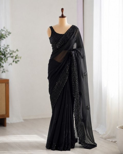 Trendy Black Soft Georgette Saree with Sequence Embroidery and Cutwork Border Georgette Sarees Wholesale